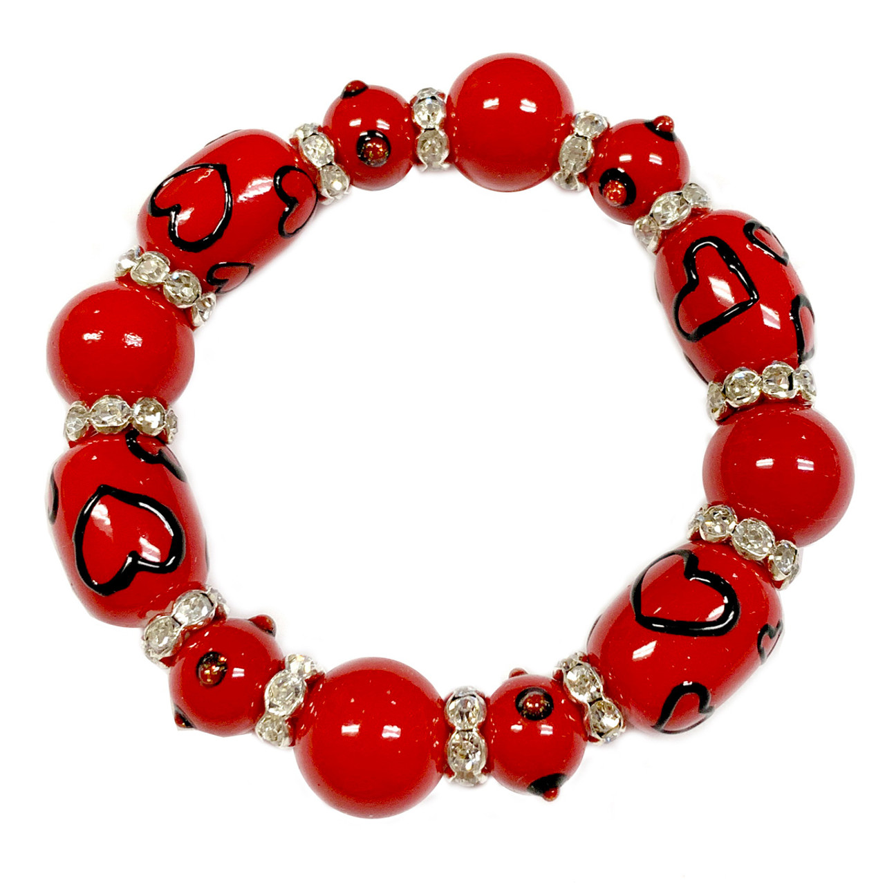 Luxury Painted Red Hallow Hearts Glass and Rhinestone Beaded Stretch Bracelet