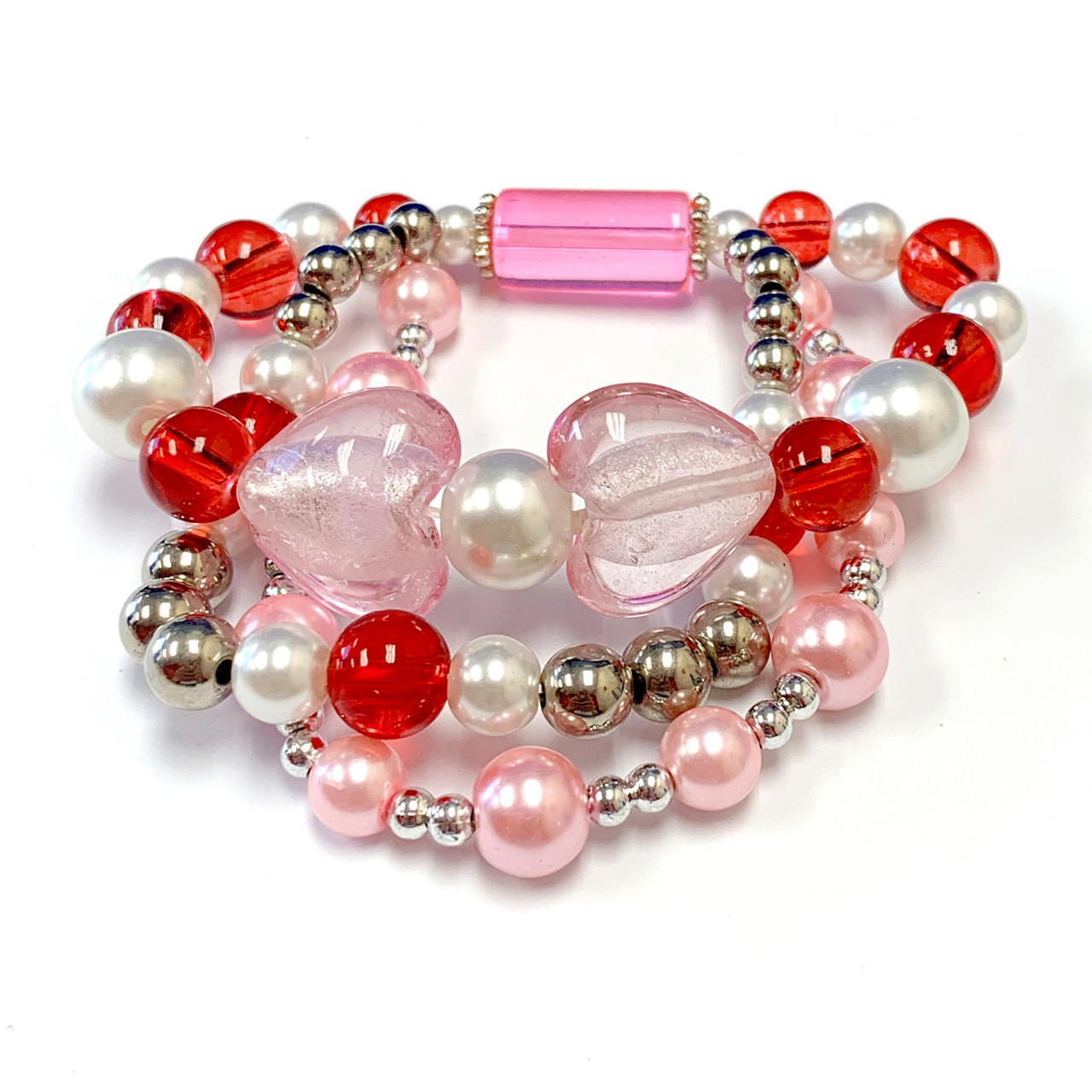 Pink Heart Bracelet - Valentine Day Gift for Wife - Glass Beaded