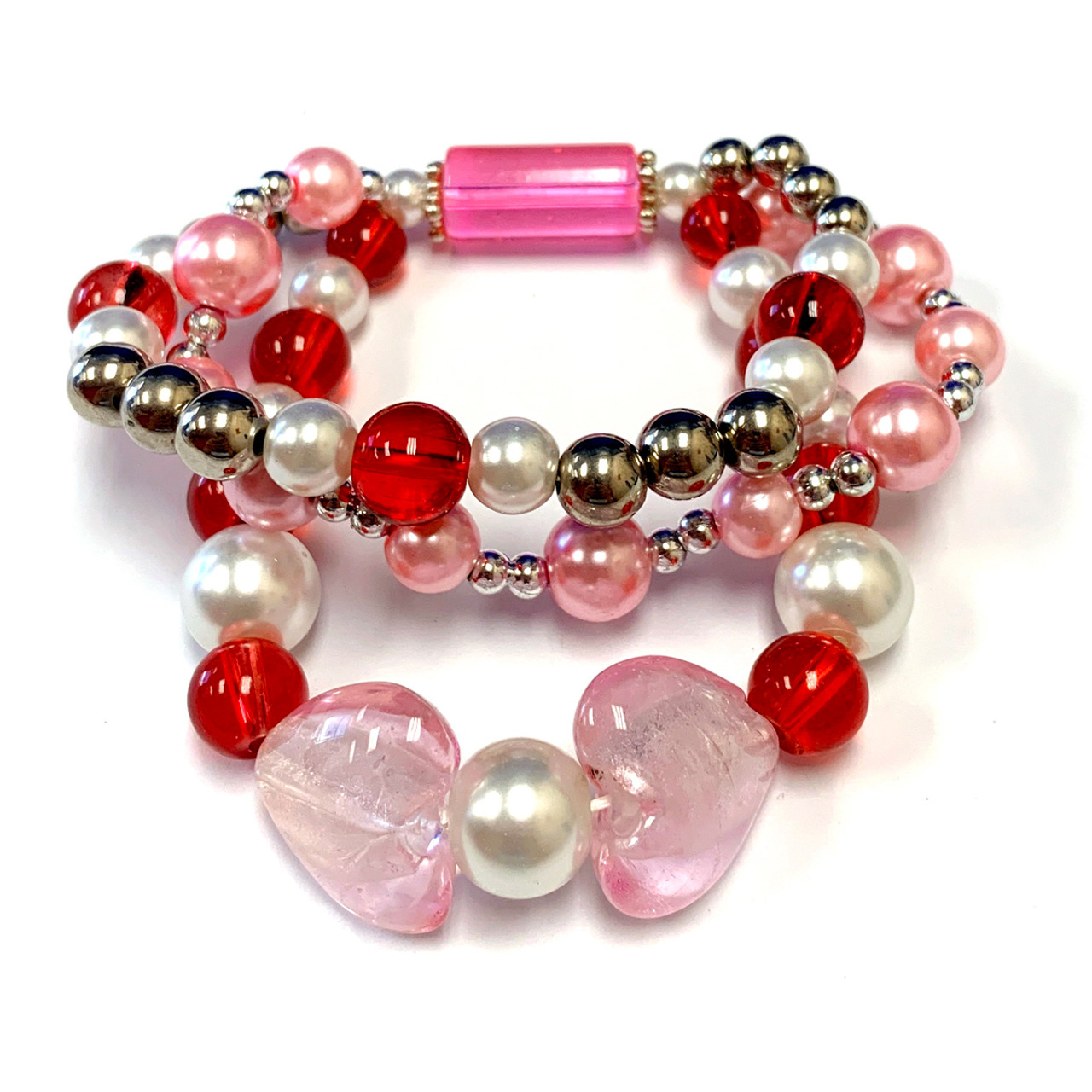 Pink Heart Bracelet - Valentine Day Gift for Wife - Glass Beaded