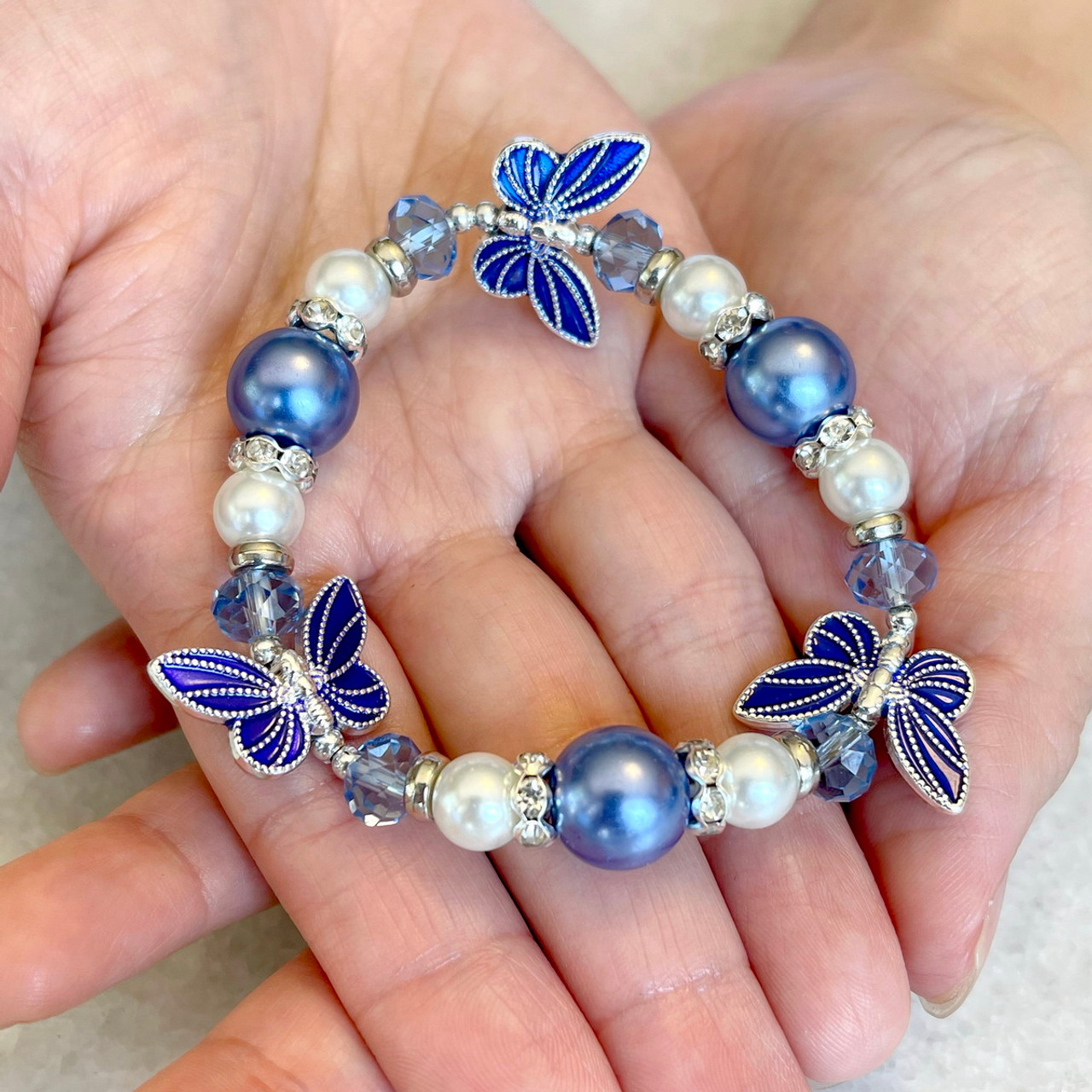 Blue Morpho Butterfly Glass Beaded Stretch Bracelet