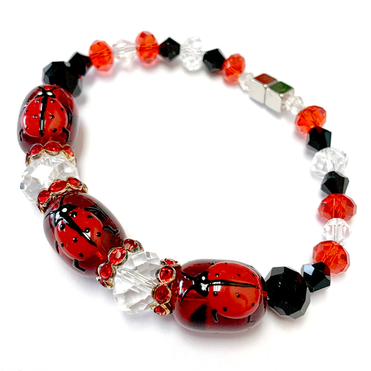 WINE AND BOOKS Burgundy Red Crystal Glass Beads With Stainless Steel  Charm Bracelet —