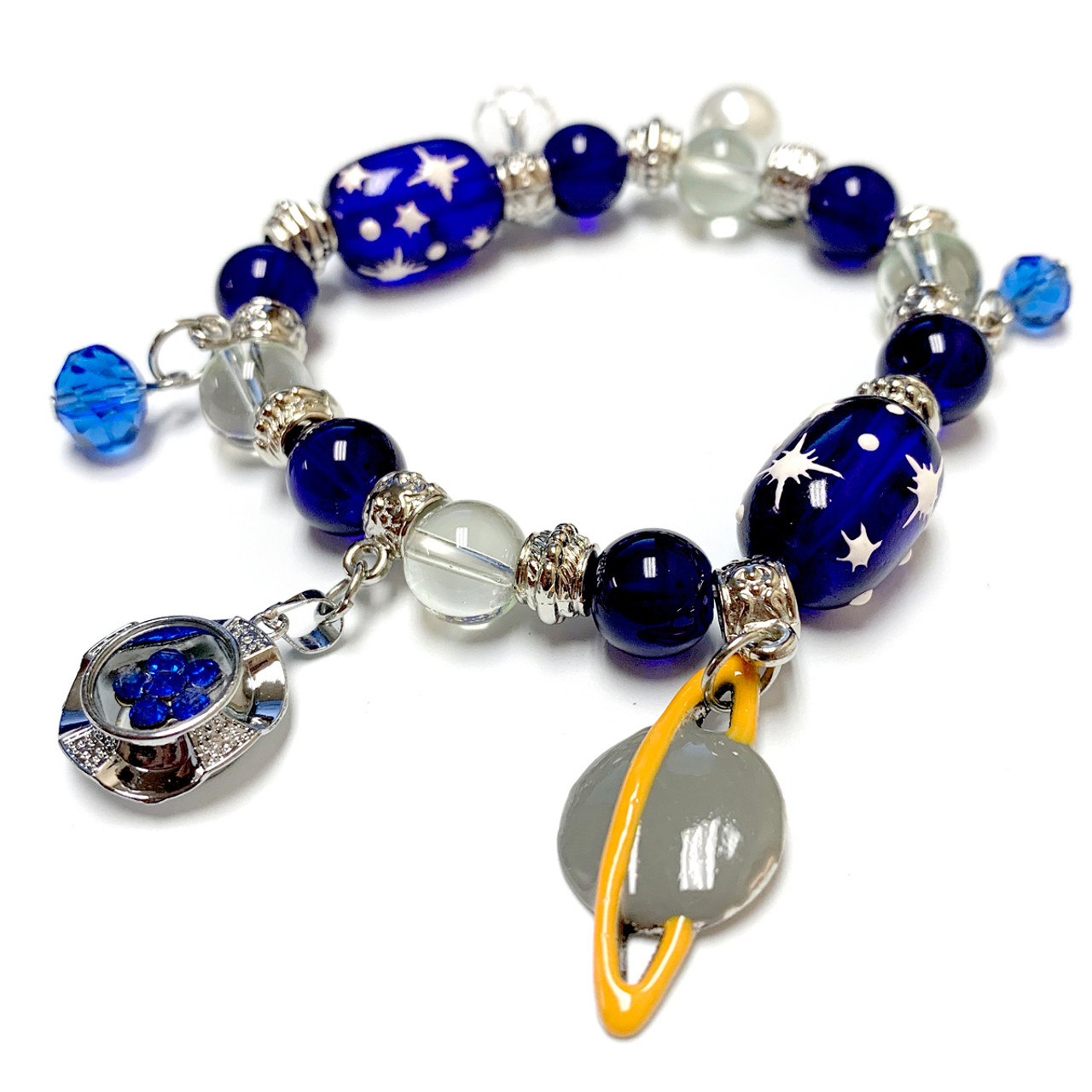 Blue Galaxy Space Cosmo Universe Astronomy Bracelet - Saturn Charm