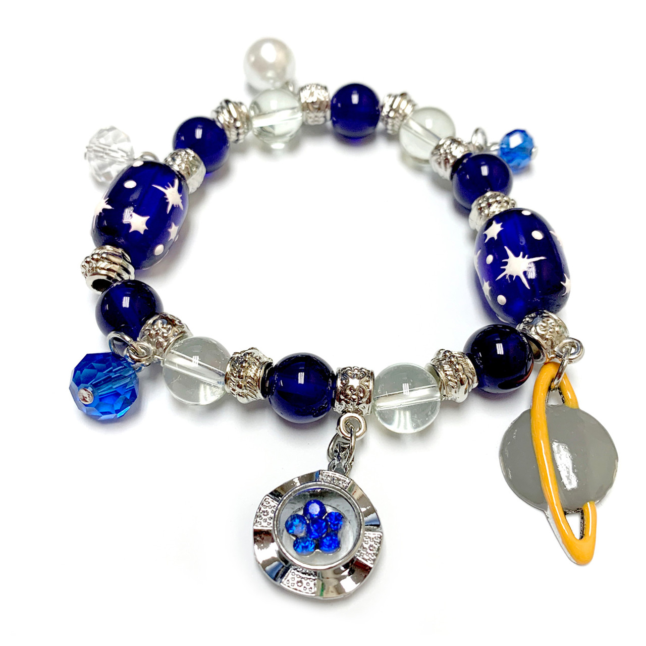 Blue Galaxy Space Cosmo Universe Astronomy Bracelet - Saturn Charm Bracelet  - Miniverse Bracelet - Handmade Glass Beaded Charm Bracelet for Women -