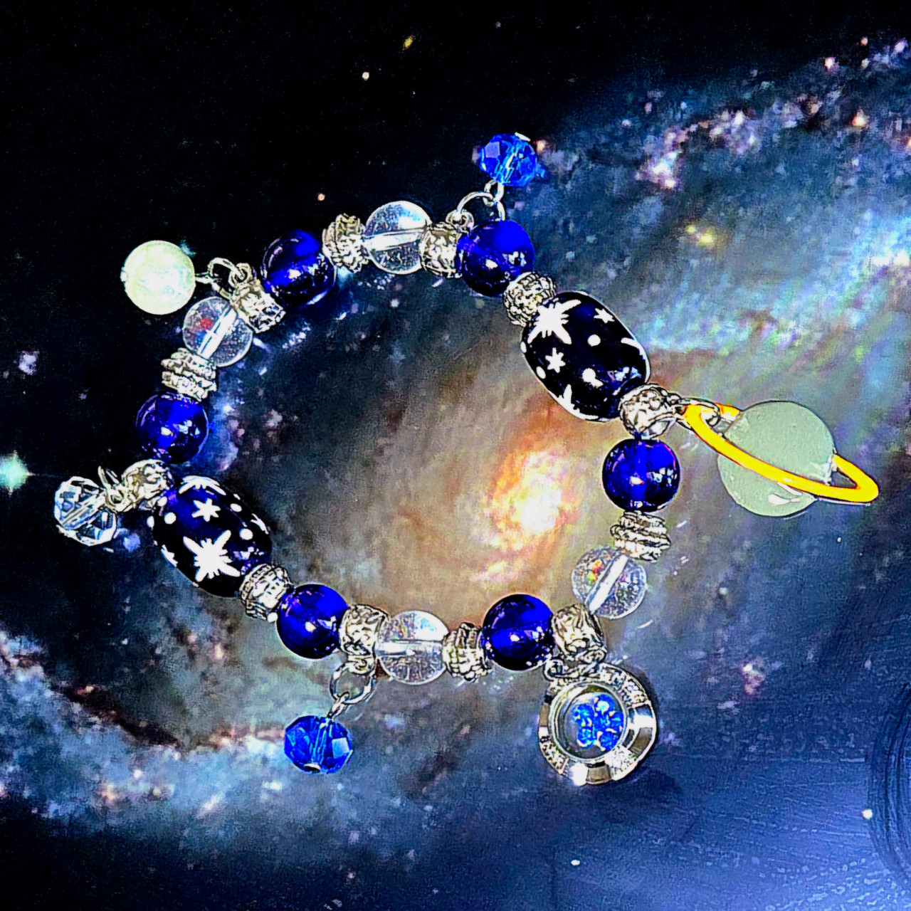 Blue Galaxy Space Cosmo Universe Astronomy Bracelet - Saturn Charm 