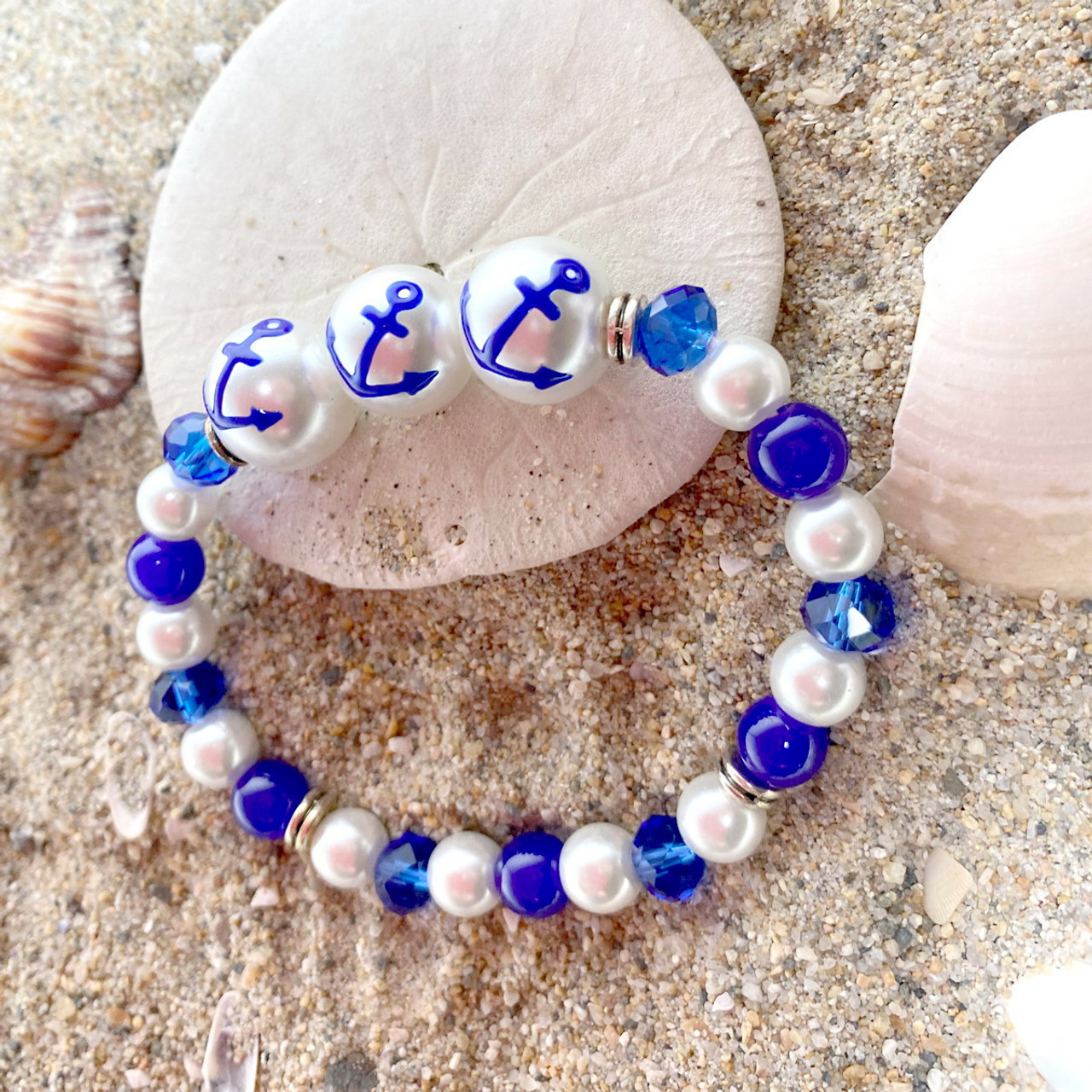 Blue Anchor Glass Bead Bracelet - Nautical Beach Glass Crystal Jewelry -  Handmade Beaded Bracelets for Women - Fiona - BR2824B