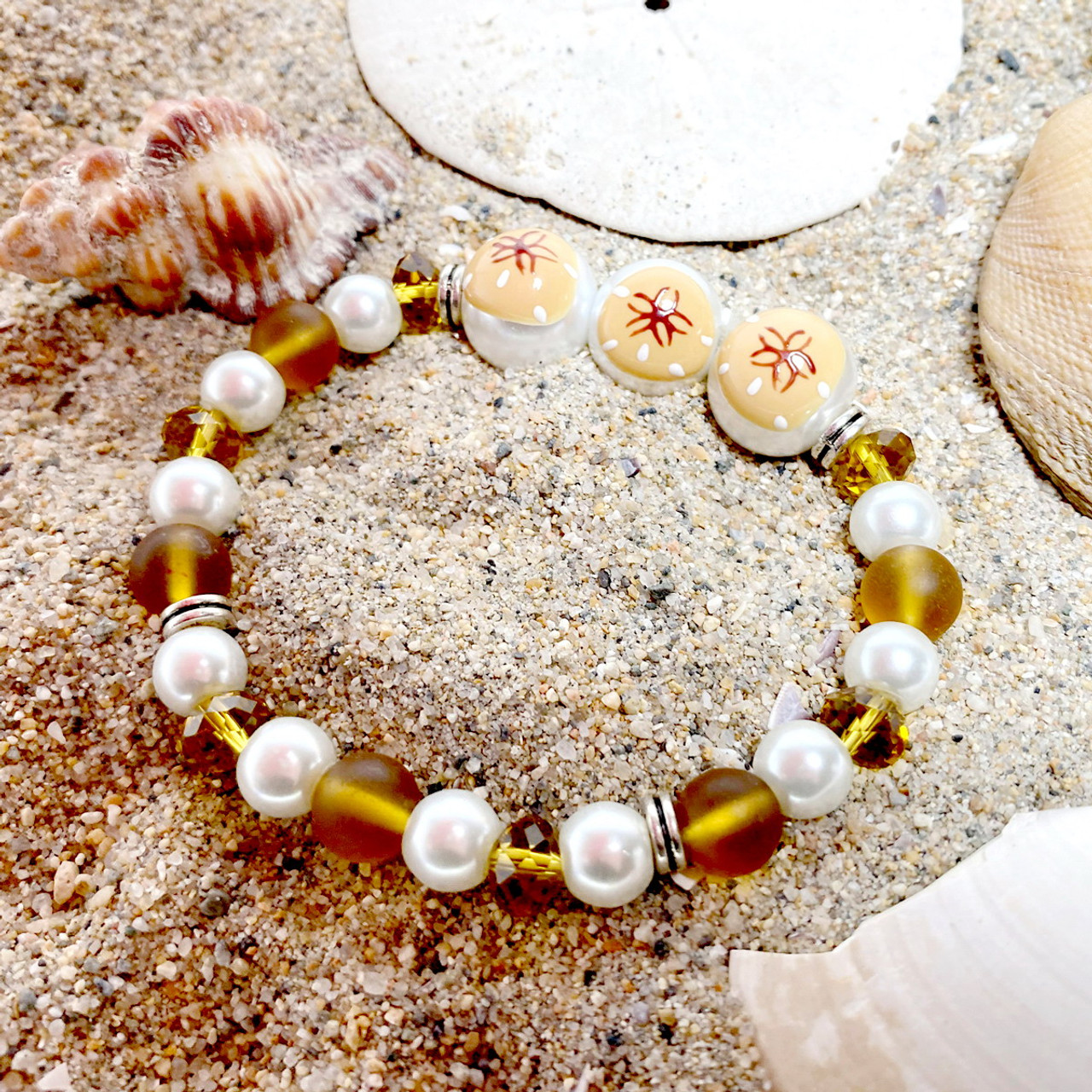 Sand Dollar Glass Bead Bracelet - Nautical Beach Ocean Jewelry