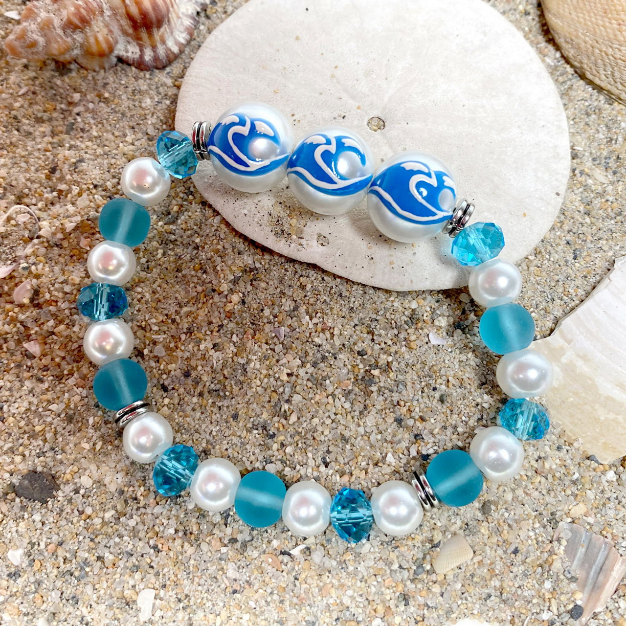 Ocean Wave Glass Bead Bracelet - Surfer Beach Ocean Jewelry