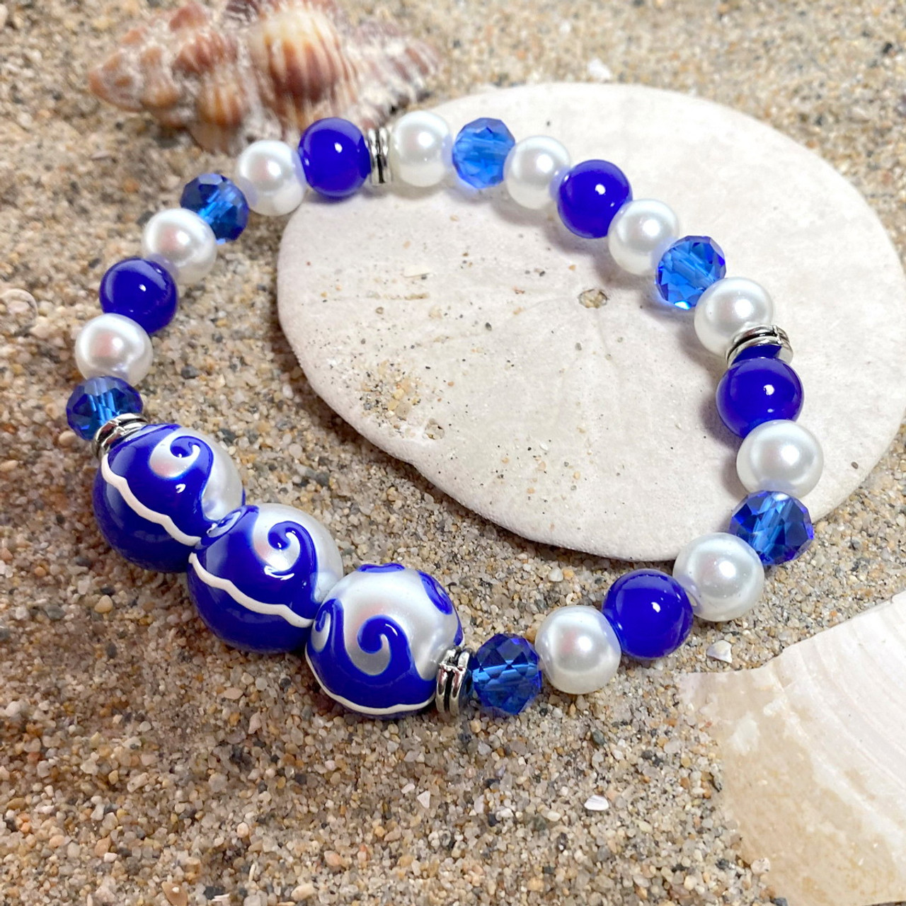 Navy Blue Ocean Waves Glass Bead Bracelet - Maritime Beach Ocean Jewelry -  Handmade Beaded Bracelets for Women - Fiona - BR2824F