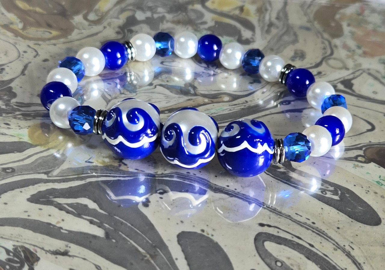 Navy Blue Ocean Waves Glass Bead Bracelet Maritime Beach Ocean