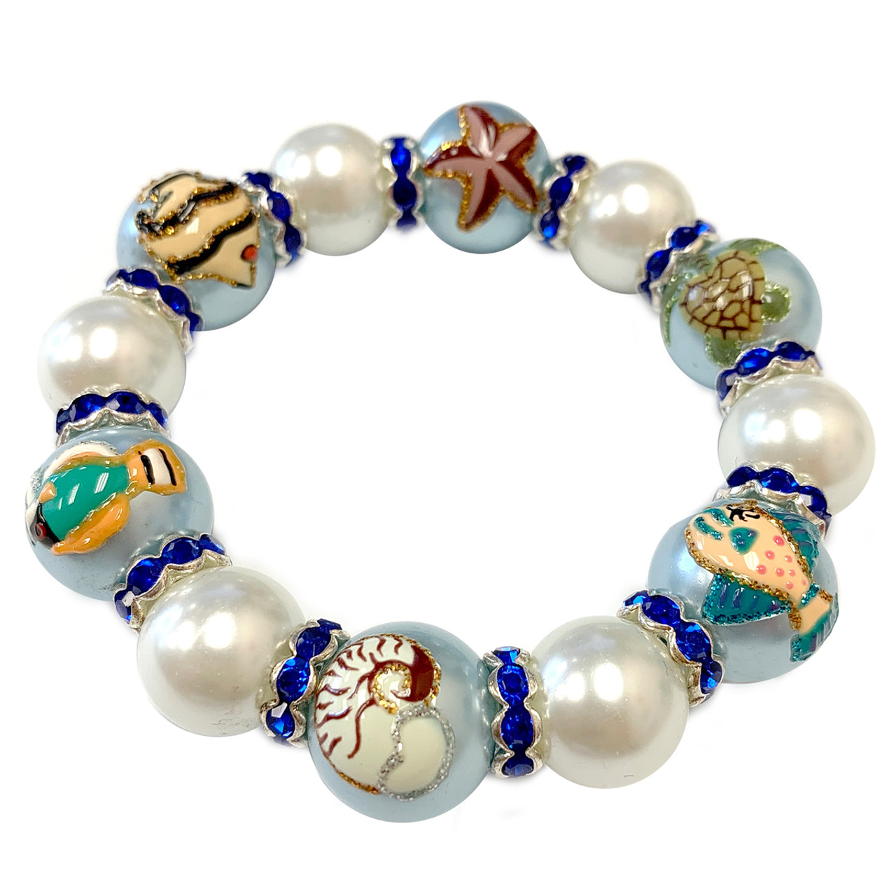 Sea Turtle Seashell Starfish Fishes Pearl Glass Bead Bracelet