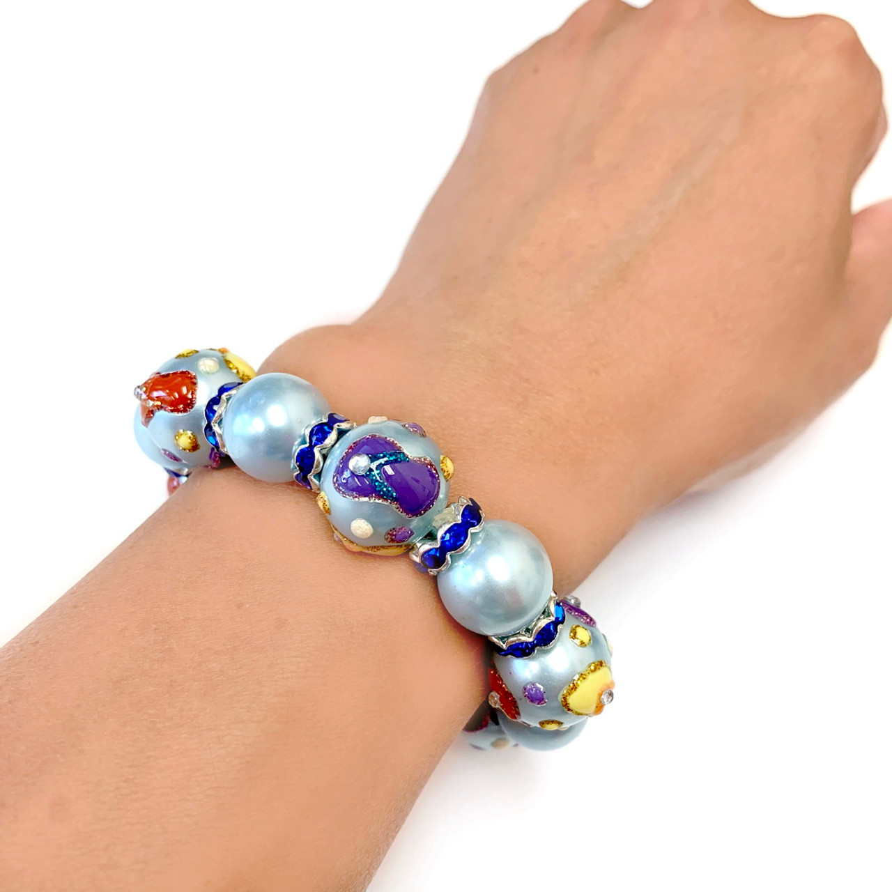 Pure White Seaham Genuine Sea Glass Center with Vivid Blue Recycled Glass  Beads on a Solid Sterling Bangle