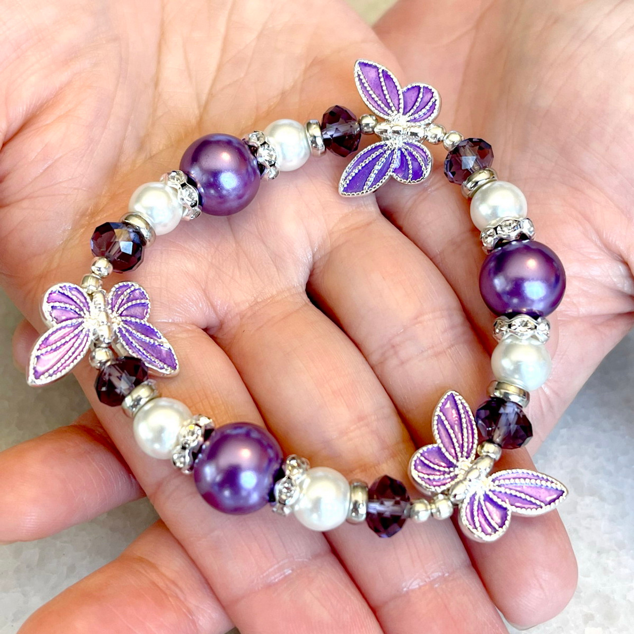 Purple Butterfly Glass Beaded Stretch Bracelet