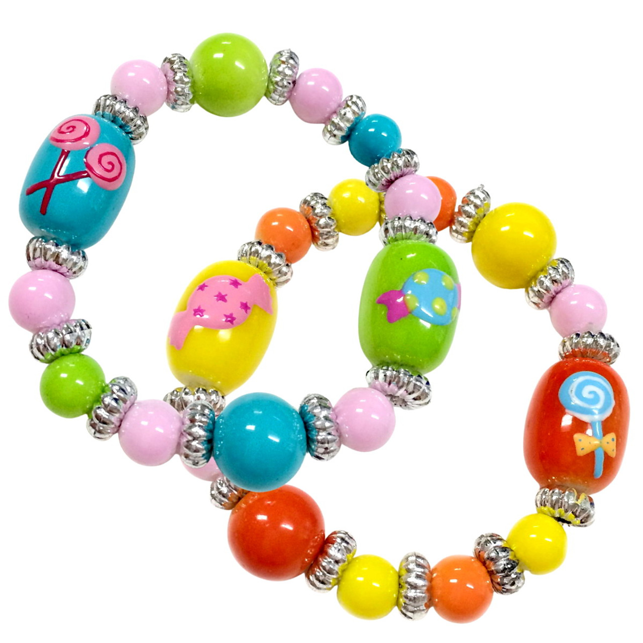 Painted Lollypop Candy Kids Glass Bead Bracelets Two Styles Set