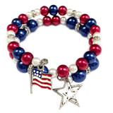 Painted USA Flag , Star Charm Glass Beaded Coil Wire Bracelet (BR-2898A)
