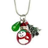 Painted Red Snowman Glass Bead, Painted Christmas Tree & Crystal Charms Necklace (NE-3091B)