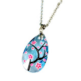 Fine Painted Cherry Blossom Swarovski Aqua Crystal Necklace (NE-3133) - Inspired by Van Gogh's Almond Blossom Painting.
