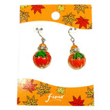 Painted Fall Gold Pumpkin Glass and Rhinestone Bead Drop Dangle Earrings Carded E-307B