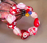 Painted Hearts with Handmade Murano Hearts Glass Beaded Stretch Bracelet
