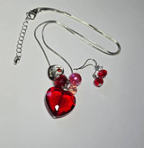 Valentine Necklace - Red Crystal Heart with Lock Charms Necklace and Earrings Set - Handmade - NE3011A