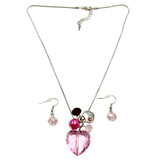 Valentine Necklace - Pink Crystal Heart with Lock Charms Necklace and Earrings Set - Handmade - NE3011B