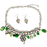 Painted Green St Patrick Charms Wide Chain Necklace with Earrings Set