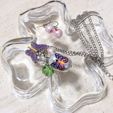 Painted Spring Pink Purple Butterfly Glass Bead Necklace with Earrings Set (NE-3050C)