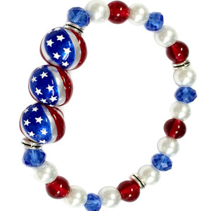 Fine Painted USA Flag Glass & Crystal Beaded Stretch Bracelet (BR-2829B) Fine Painted USA Flag Glass & Crystal Beaded Stretch Bracelet (BR-2829B)