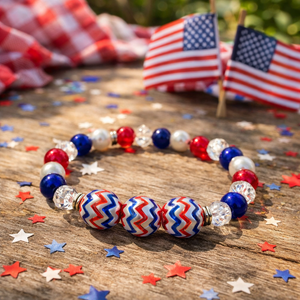 Fine Painted Red/White/Blue Chevron Pattern Glass & Crystal Beaded Stretch Bracelet (BR-2829D)