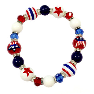 Painted USA Star Flag Dainty Glass & Crystal Beaded Stretch Bracelet (BR-2750B)