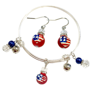 Painted USA  Heat Flag Glass Bead Charm Adjustable Bangle and Earrings Set | fionaaccessories.com Painted USA  Heat Flag Glass Bead Charm Adjustable Bangle and Earrings Set | fionaaccessories.com