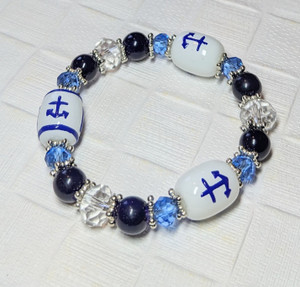Painted Navy, Anchors Glass Beaded Stretch Bracelet (BR-2534D) Painted Navy, Anchors Glass Beaded Stretch Bracelet (BR-2534D)