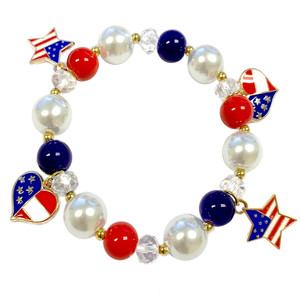 Painted USA Flag Charms Glass Beaded Stretch Bracelet (BR-2783) Painted USA Flag Charms Glass Beaded Stretch Bracelet (BR-2783)