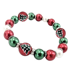 Jingle Bell Bracelet with red, green and silver seed beads. Gold