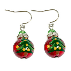Painted Christmas Festival Tree Red Glass Beads Earrings (E-304G) Painted Christmas Festival Tree Red Glass Beads Earrings (E-304G)