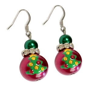 Painted Christmas Festival Tree Glass Beads Earrings (E-346) Painted Christmas Festival Tree Glass Beads Earrings (E-346)