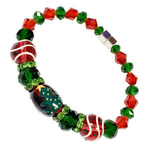 Painted Christmas Tree Glass and Crystal Beaded Magnetic Closure Bracelet Painted Christmas Tree Glass and Crystal Beaded Magnetic Closure Bracelet