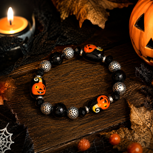 Painted Halloween Happy Pumpkin Glass Beaded Stretch Bracelet (BR-3087B)