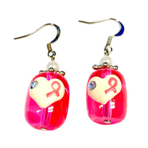 Painted Pink Ribbon on Heart Breast Cancer Awareness Glass Bead Earrings  E-29 Painted Pink Ribbon on Heart Breast Cancer Awareness Glass Bead Earrings  E-29