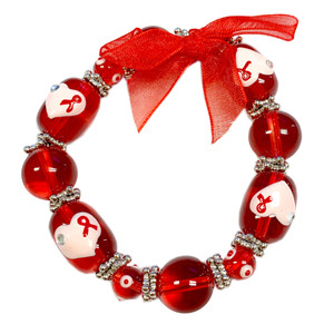 Painted Red Ribbon and Heart for Heart Disease and AIDS Awareness Glass Bead Stretch Bracelet BR-1208