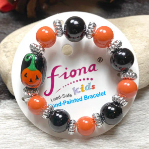 Painted Kid's Halloween Pumpkin Glass Beaded Stretch Bracelet