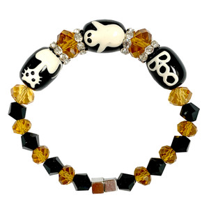 Painted Halloween Cat, Ghost, Boo Black Glass & Crystal Beaded Bracelet with Magnetic Clasps IUP10-5LM