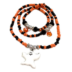 Painted Halloween Ghost Charm with Seed Glass Beaded Wrap Around Bracelet BR-2253C