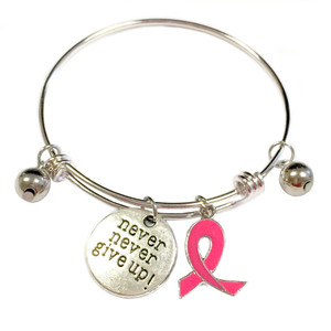 Painted Pink Ribbon Charm Breast Cancer Awareness Adjustable Bangle 052716-1 Painted Pink Ribbon Charm Breast Cancer Awareness Adjustable Bangle 052716-1