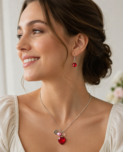 Valentine Necklace - Red Crystal Heart with Lock Charms Necklace and Earrings Set - Handmade - NE3011A