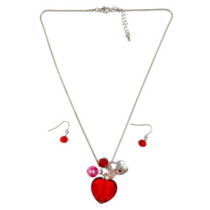 Valentine Necklace - Red Crystal Heart with Lock Charms Necklace and Earrings Set - Handmade - NE3011A Valentine Necklace - Red Crystal Heart with Lock Charms Necklace and Earrings Set - Handmade - NE3011A