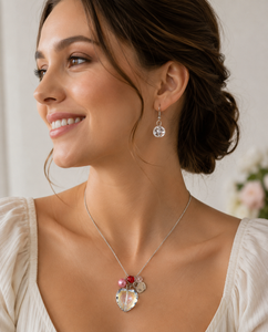 Valentine Necklace - AB Crystal Heart with Lock Charms Necklace and Earrings Set - Handmade - NE3011C