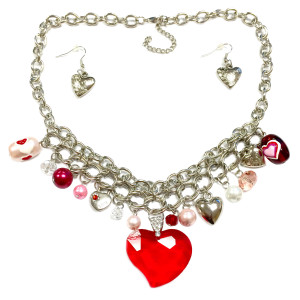 Valentine Necklace - Red Heart Crystal Pendant with Heart Charms Necklace and Earrings Set - Handmade - NE3018