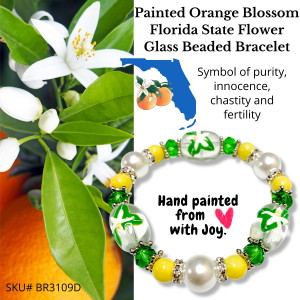 Painted Orange Blossom Florida State Flower Glass Beaded Stretch Bracelet. Painted Orange Blossom Florida State Flower Glass Beaded Stretch Bracelet.