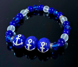 Navy Blue Anchor Glass Bead Bracelet - Nautical Beach Glass Crystal Jewelry - Handmade Beaded Bracelets for Women - Fiona - BR2824A Navy Blue Anchor Glass Bead Bracelet - Nautical Beach Glass Crystal Jewelry - Handmade Beaded Bracelets for Women - Fiona - BR2824A
