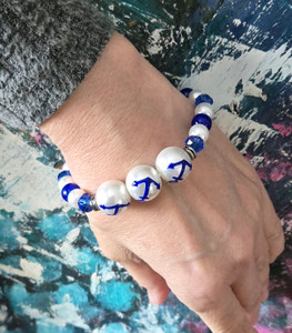 Blue Anchor Glass Bead Bracelet - Nautical Beach Glass Crystal Jewelry - Handmade Beaded Bracelets for Women - Fiona - BR2824B Blue Anchor Glass Bead Bracelet - Nautical Beach Glass Crystal Jewelry - Handmade Beaded Bracelets for Women - Fiona - BR2824B